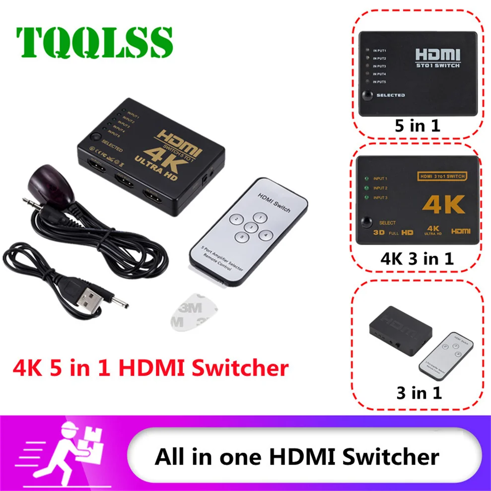 5 Ports HDMI Switcher 3D 1080P 4K Selector Splitter Hub with IR Remote Controller for HDTV DVD BOX HDMI Switcher 5/3 In 1 Out