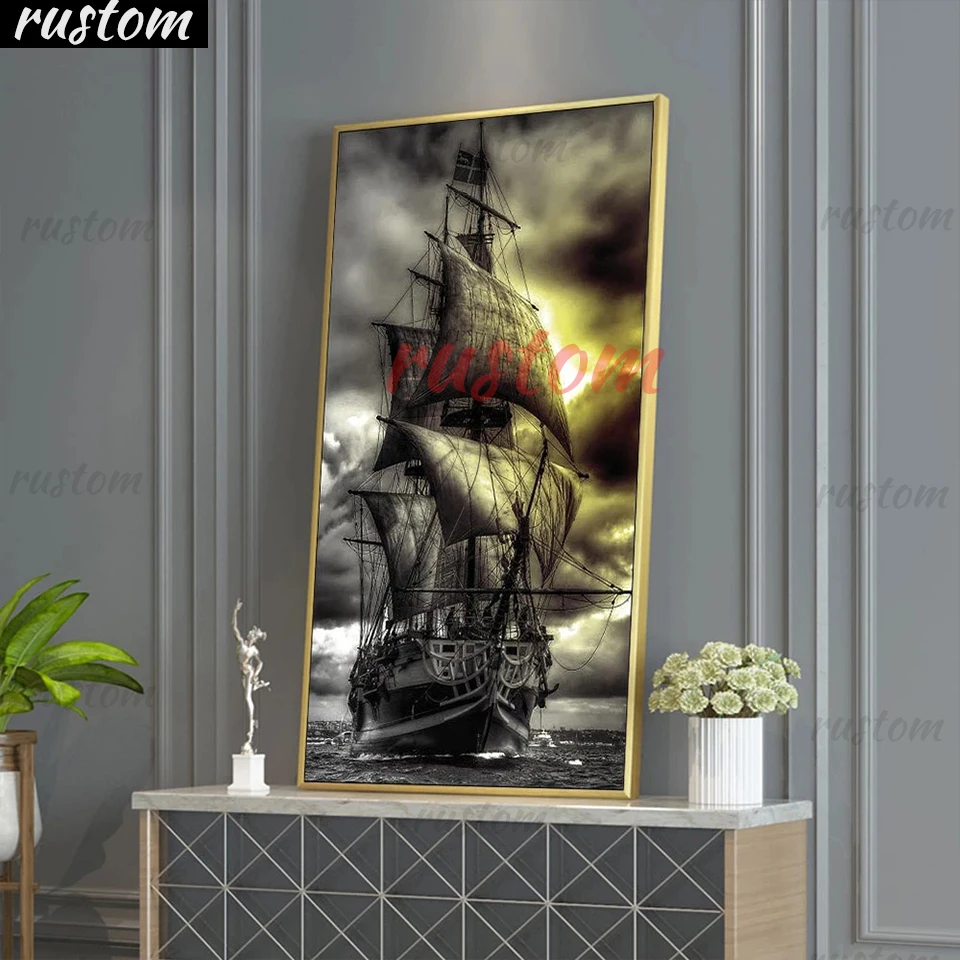 

Rustom 5D DIY Full Square/Round Diamond Painting Seascape Black Boat Sails In Sea Diamond Embroidery Wall Art Large Handicraft D