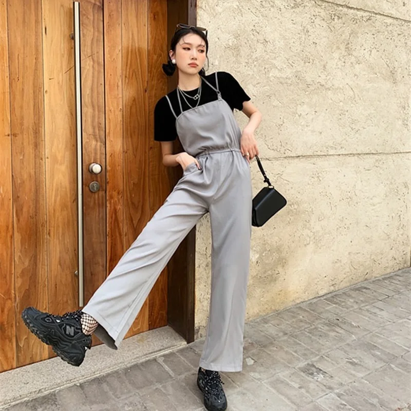 

Korejepo Women Jumpsuits 2021 Summer New Draped Fabric Loose Casual Suspender One-piece Trousers Black Gray Solid Office Lady