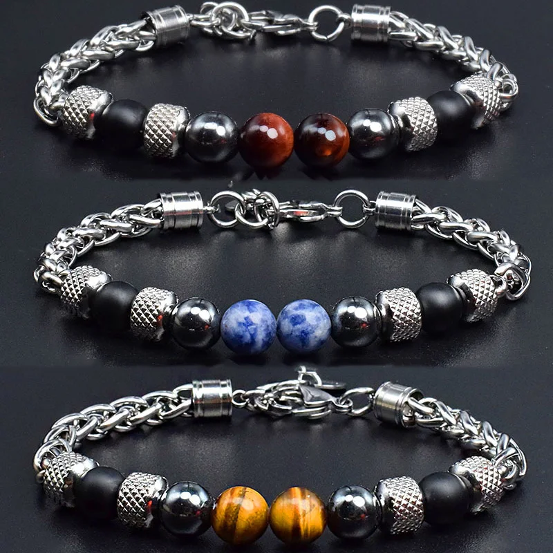 New Natural Stone beads Men bracelet stainless steel chain mens jewelry pulseras bracelets homme bijoux hippie armband pulseira