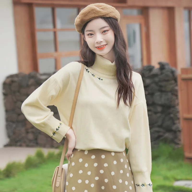 

Chic Khaki Autumn and Winter 2020 New Floral Embroidered Sweater Women's High Neck Inner Wear Pullover Stripe Bottoming Sweater