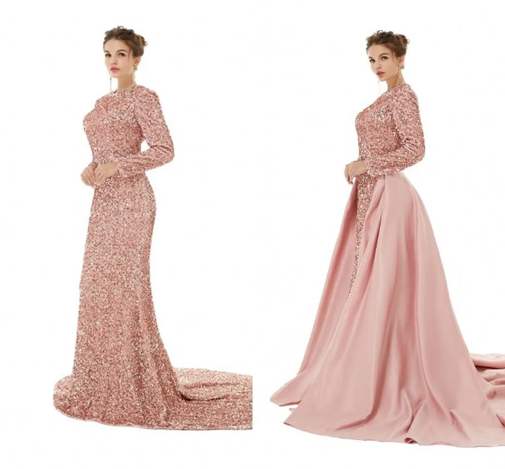 

Rose Pink Muslim Mermaid Evening Dresses with Detachable Train Sparkly Beaded Sequins Long Sleeve Prom Dress in stock lg2103