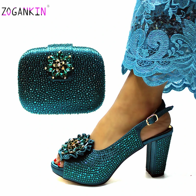 

Fashionable Italian Design Mature Women Shoes Matching Bag in Teal Color High Quality African Sandals Match Hand Bag Set
