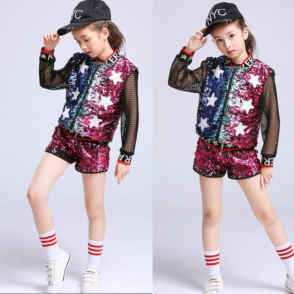 

Girls Ballroom Sequined Modern Jazz Hip Hop Dance Competition Costumes Tops Pants Kid Performance Stage wear Dancing Outfits