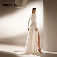 2021 simple white ivory soft satin evening dresses long sleeves v neck side slit women modern formal party gown custom