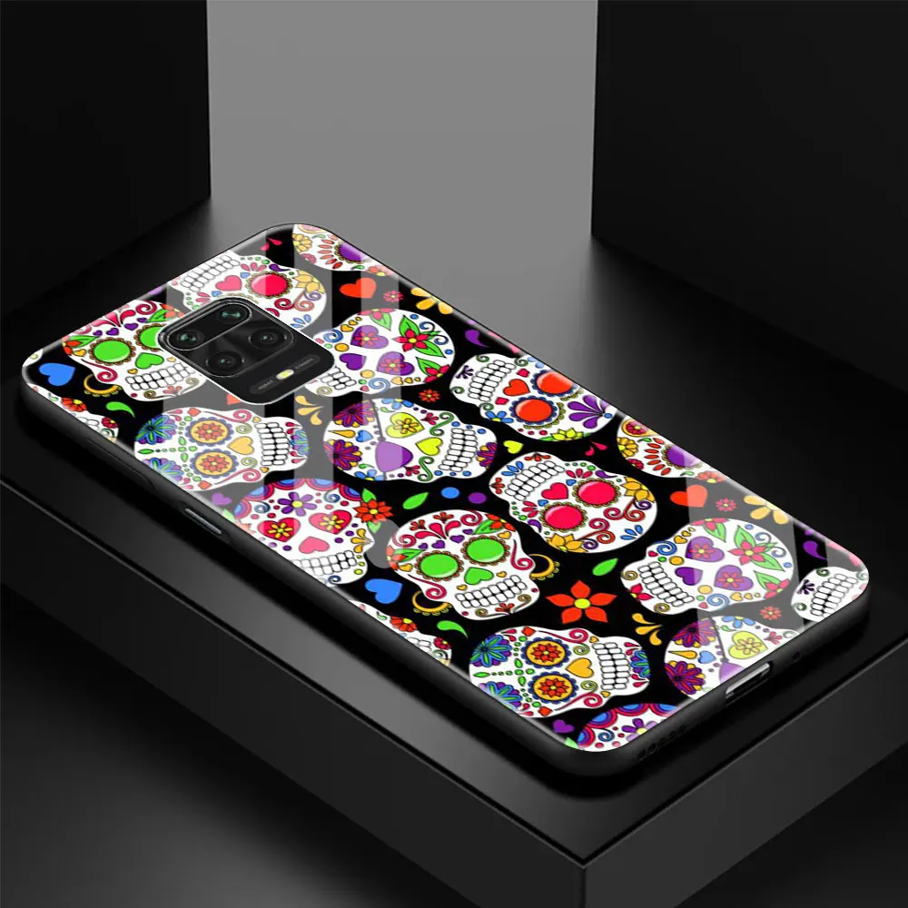 

Tempered Glass Case Coque For Xiaomi Redmi Note 9S 9 8 Pro 8T 8A 7 9A 9C 9i Flower Skull Luxury Shell Cover Fundas Capa Housing