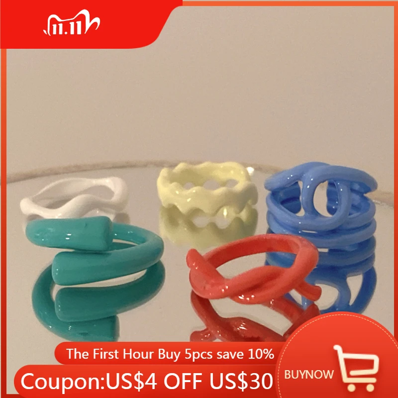 

New Korean Simple Sweet Candy Acrylic Resin Twisted Ring Personality Macaron Color Irregular Geometric Open Jewelry for Women