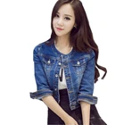 Осенние женские джинсовые куртки с круглым вырезом Базовая укороченная джинсовая куртка Модные джинсы с длинным рукавом синяя куртка-бомбер короткая джинсовая куртка топы
