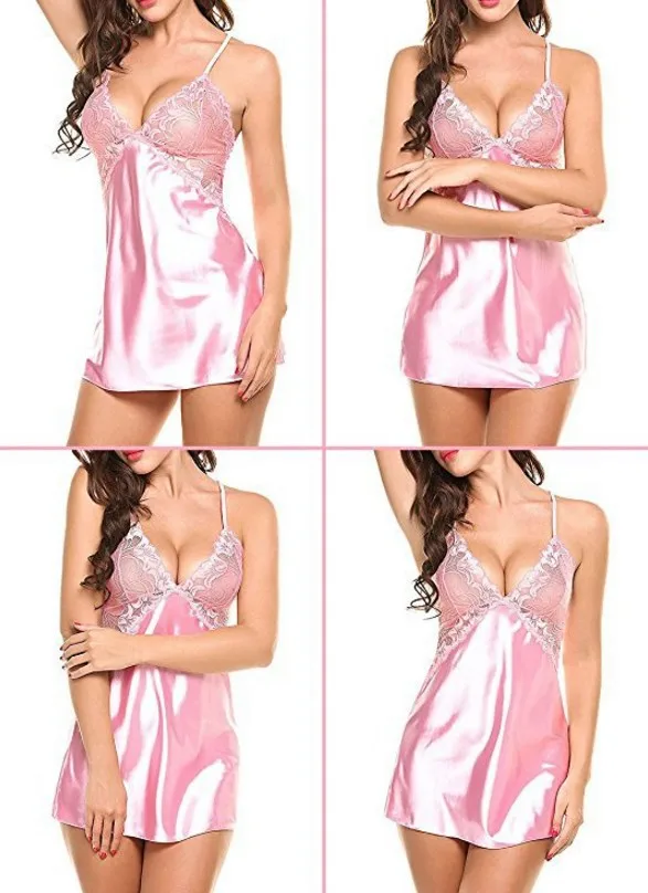 

Ladies Sexy Breathable Erotic Temptation Pattern Lace Imitation Ice Silk Nightdress Deep V Backless Sexy Lingerie Dress