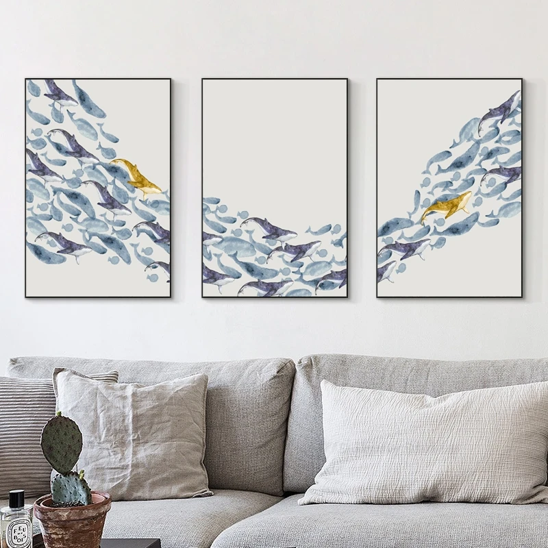 

Modern Minimalistic Fantasy Whale Fish School Watercolor Art Picture Canvas Painting Wall Art Picture For Room Decoration