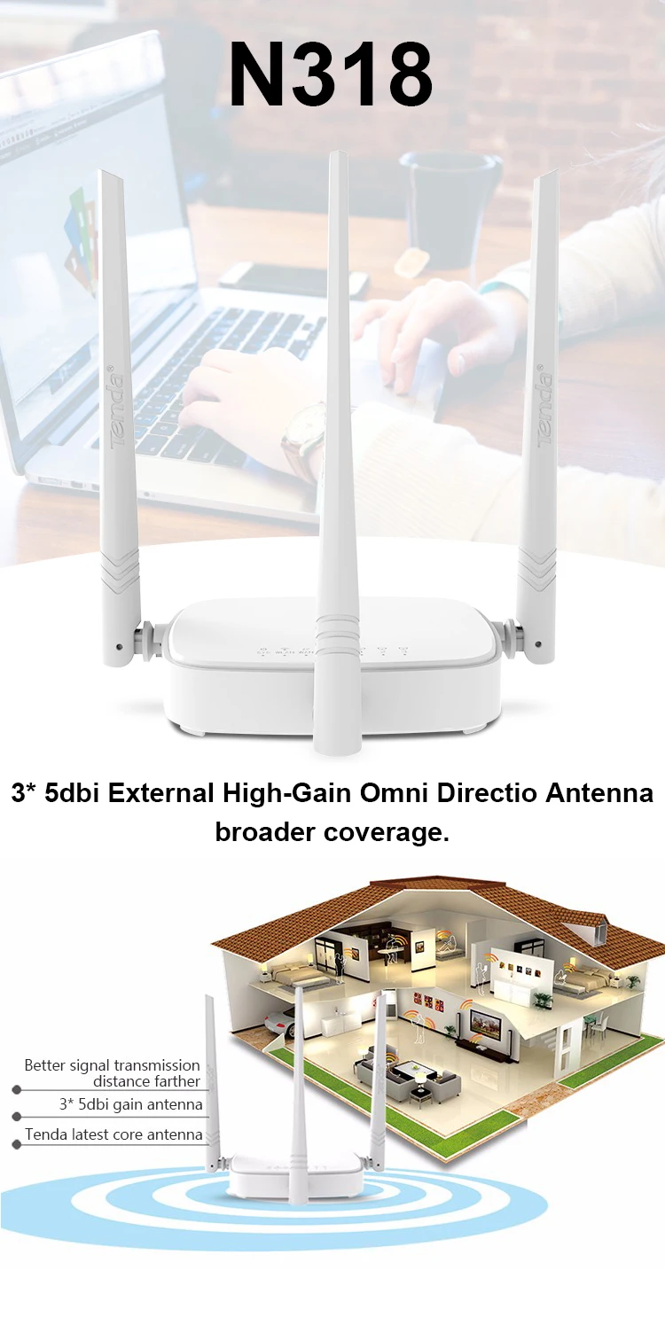 Tenda N318 N300 300 Мбит/с беспроводной WiFi маршрутизатор Wi-Fi ретранслятор, маршрутизатор/WISP/ретранслятор/режим AP, внешняя 3* 5dBi антенна для Soho