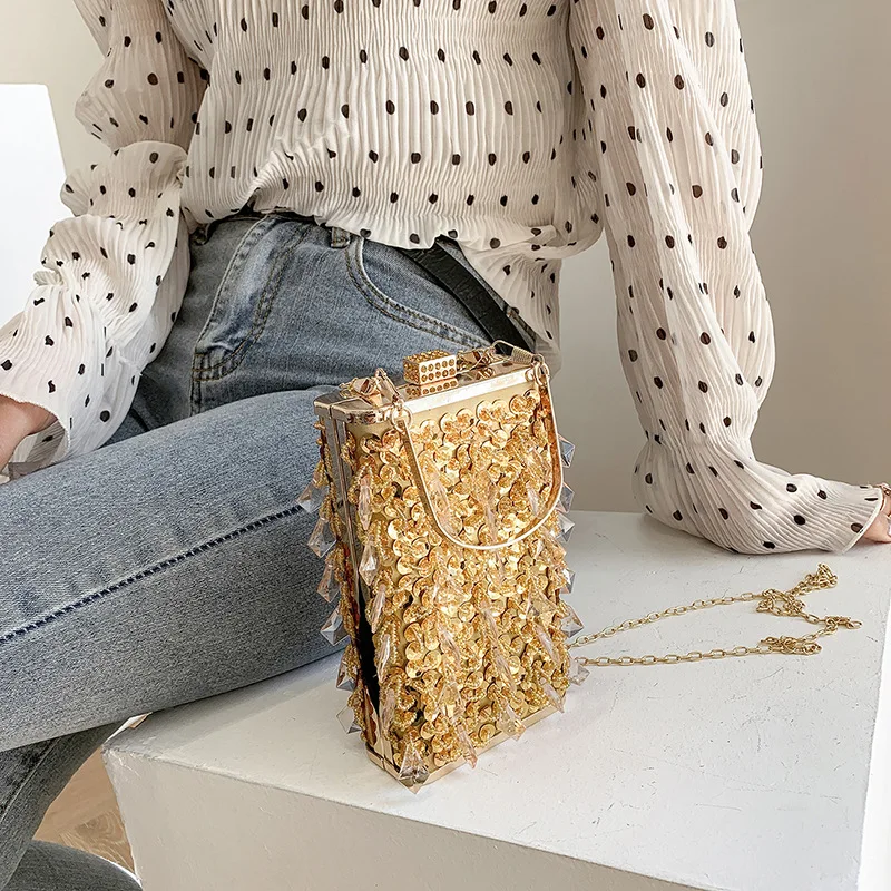 

Tassel Plastic Beaded Handbags Diamonds Party Evening Bags Purple Color Embroidery Chain Shoulder Messenger Purse