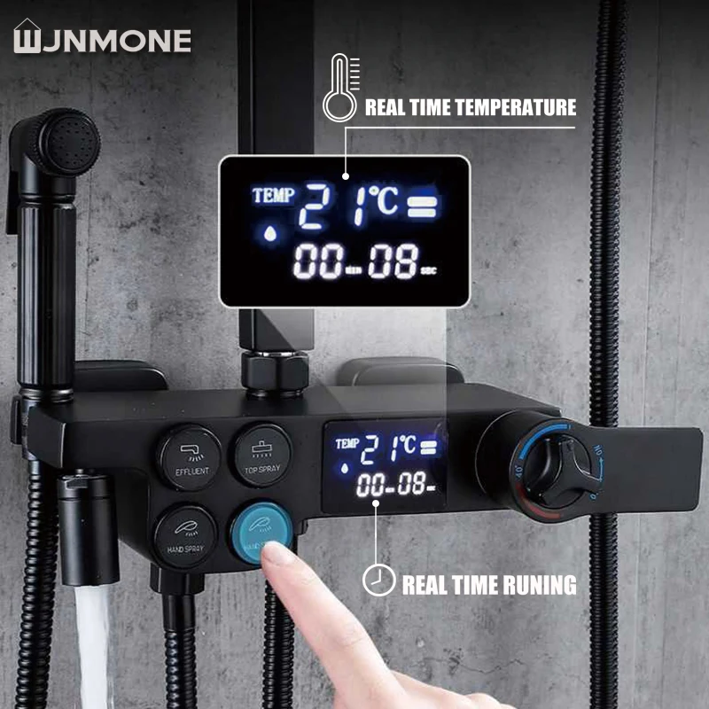 bathroom shower set black gold silver platinum thermostatic digital display hot cold single handle wall mounted shower systems free global shipping