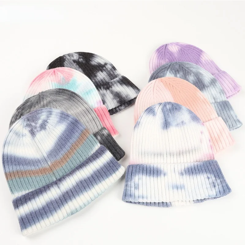 

2022 Unisex Tie Dye Men Beanie Hat Women Winter Beanies For Ladies Hip Hop Knitted Hat Outdoor