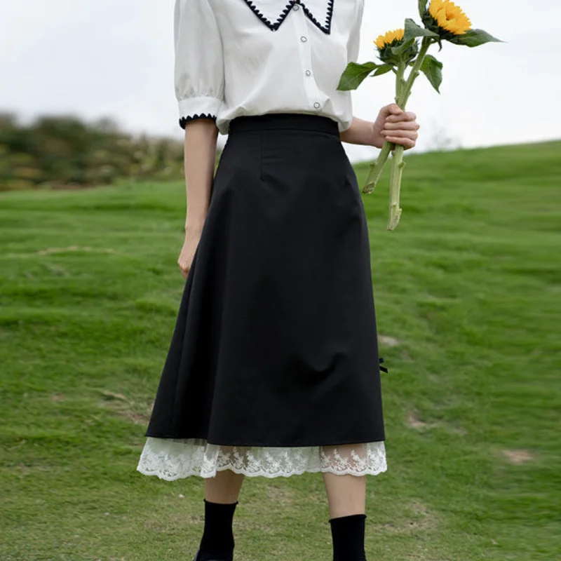 

Elegant Casual Midi Skirt Women High-waisted Black Japanese Harajuku Y2k Skirt Lace Designer Korean Fashion Clothing Summer 2021