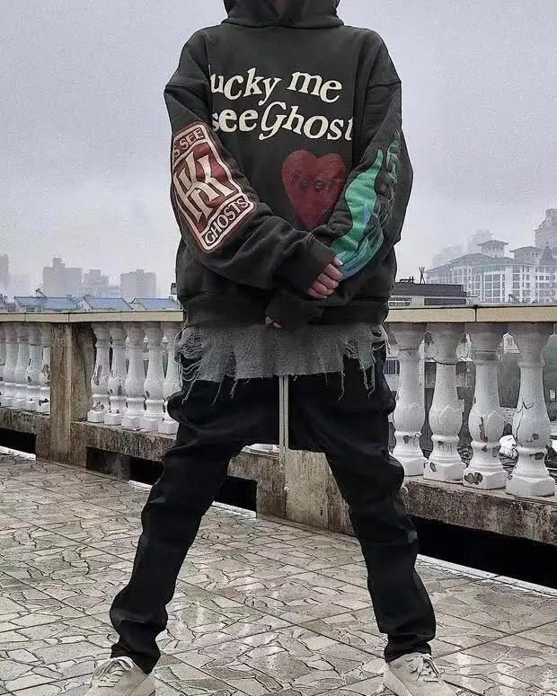 Kanye West граффити и надписями печать плюс бархат толстовка Для мужчин Harajuku флисовая