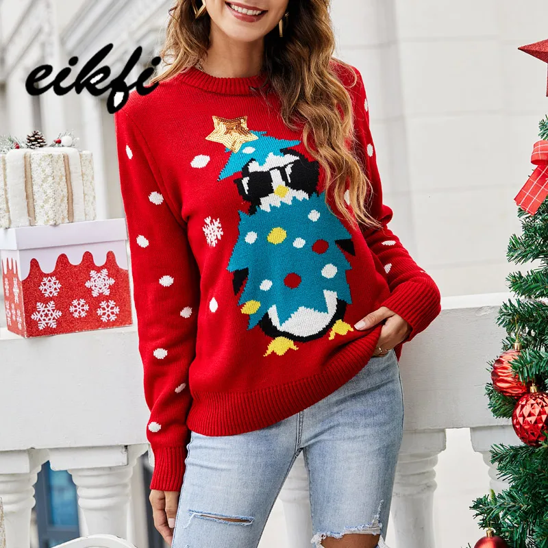 

Cartoon Penguin Christmas Women Sweater Autumn Winter Office Ladies O-neck Long Sleeve Casual Loose Xmas Tops and Sweaters
