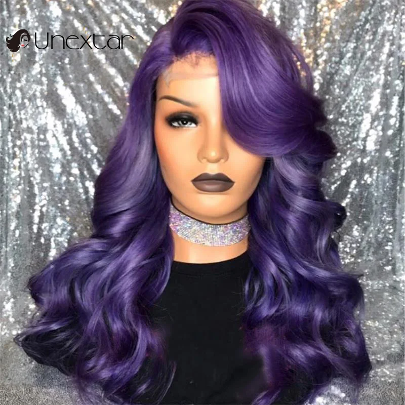 Unextar  13x4 Highlight Lace Front Wigs For Women Brazilian Remy Human  Hair wigs  Purple Color Body Wave Wig