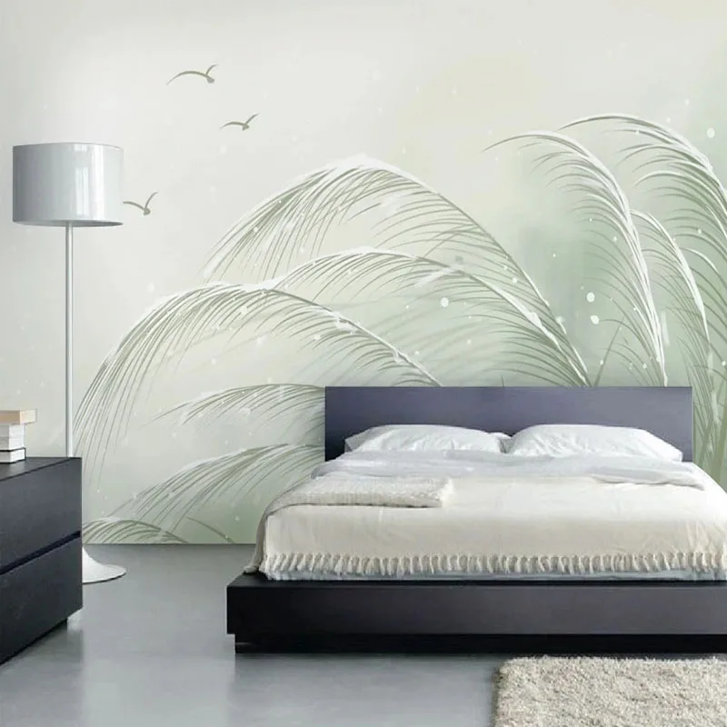 

Custom Mural Wallpaper 3D Stereo Reed Bird Nordic Background Wall Hand-painted Minimalist Plants Painting Papel De Parede Sala