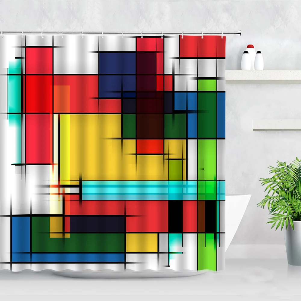 

3D Creative Geometric Pattern Shower Curtain Red Black Yellow Abstract Art Waterproof Fabric Home Decor Hooks Bathroom Curtains
