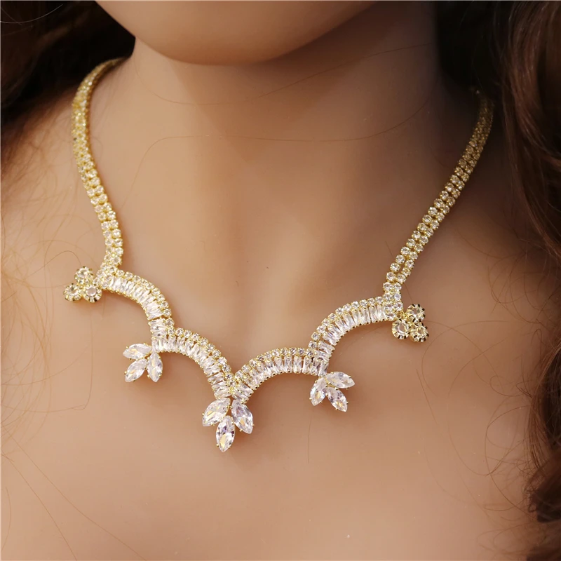 

New Fashion Wave Necklace Earrings Two Piece Set Elegant Lady Luxury Zircon Crystal Sweet Romantic Jewelry Wholesale And Retail
