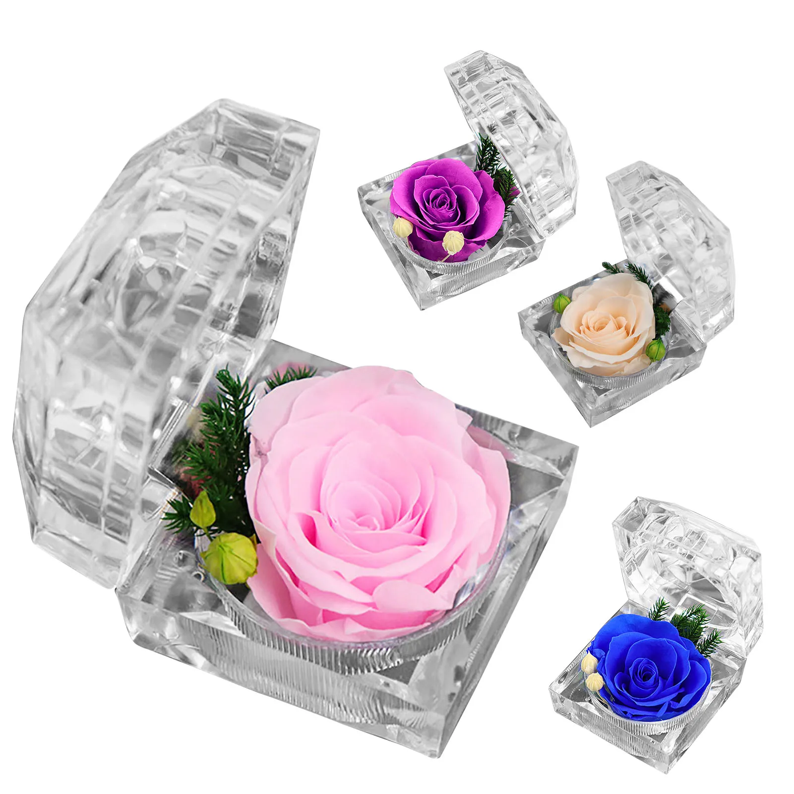 

Eternal Preserved Rose Flower Ring Box Wedding Engagement Jewelry Display Holder Gift for Love 2021New