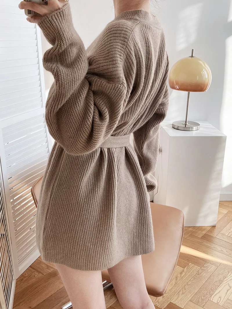 

Chic Koean Fashion Long Sweaters Arrival Simple Autumn Winter Women Solid Knit Pullovers Brown Ladies Tops Elegant Sweater Dress