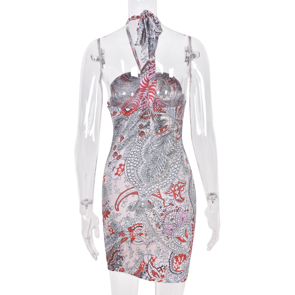 

Women Summer Sheath Dress,Female Clother Multicolor Printing Tied Halter Neck Sleeveless Backless Tight Vestidos for Girls