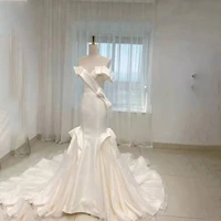 myyble new design 2022 off shoulder mermaid stain lace up bridal gowns sweep train wedding dresses vestido de noiva real photo