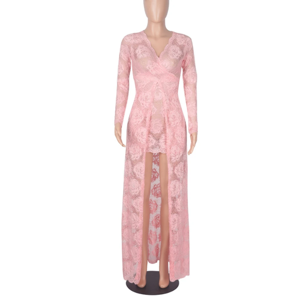 

Women Summer Maxi Dress Long Sleeve Deep V-Neck Party Night Sexy See-Through Lace Dress Bodycon White Black Dresses