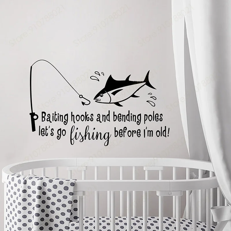 

Baiting Hooks Bending Poles Lets Go Fishing Wall Decal Home Decor Boys Kids Room Hunting Fishing Decoration Wall Stickers S518