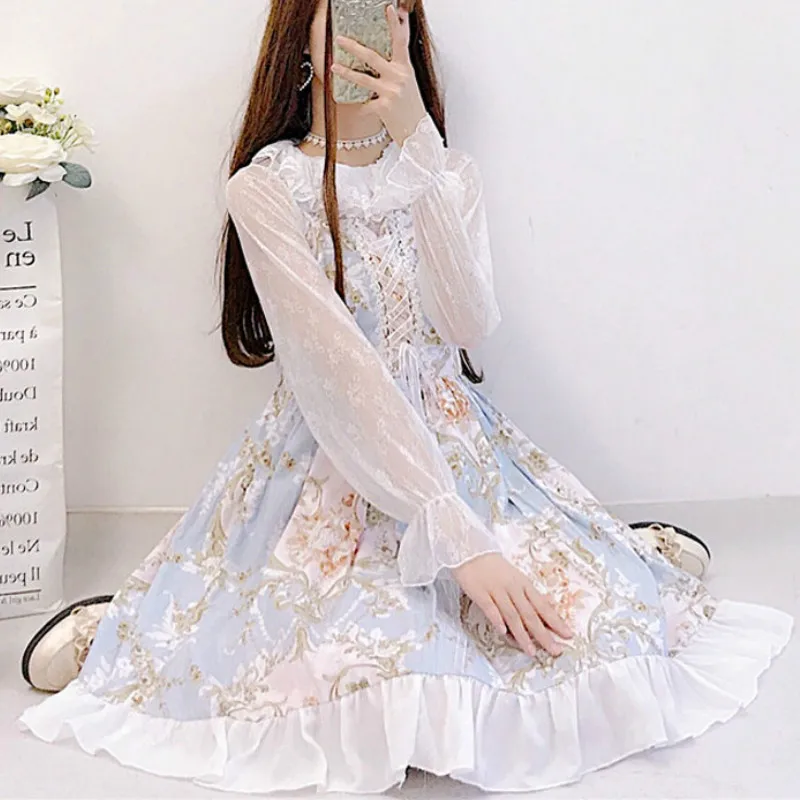 

Japanese Summer Sweet Print Lolita Dress Women Vintage Cute Lace Cross Bandage Princess Dress Cosplay Costumes Girls Party Dress