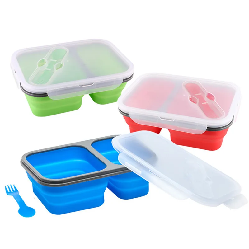 

2 Cells Silicone Collapsible Portable Lunch Box 900ml Microwave Oven Bowl Folding Food Storage Lunch Container Lunchbox