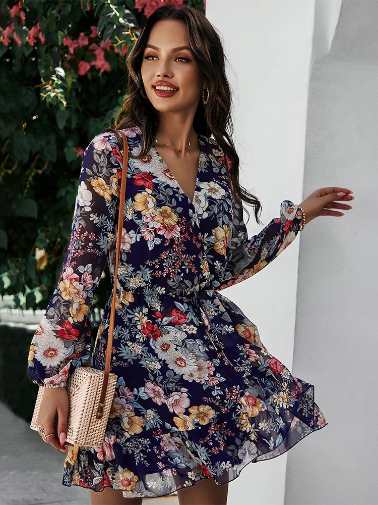 

Floral Mini Women's Dress Sexy V Neck Long Sleeve Ruffle Chiffon Spring Boho Slim Beach Sundress Night Dress Women Fall Clothing