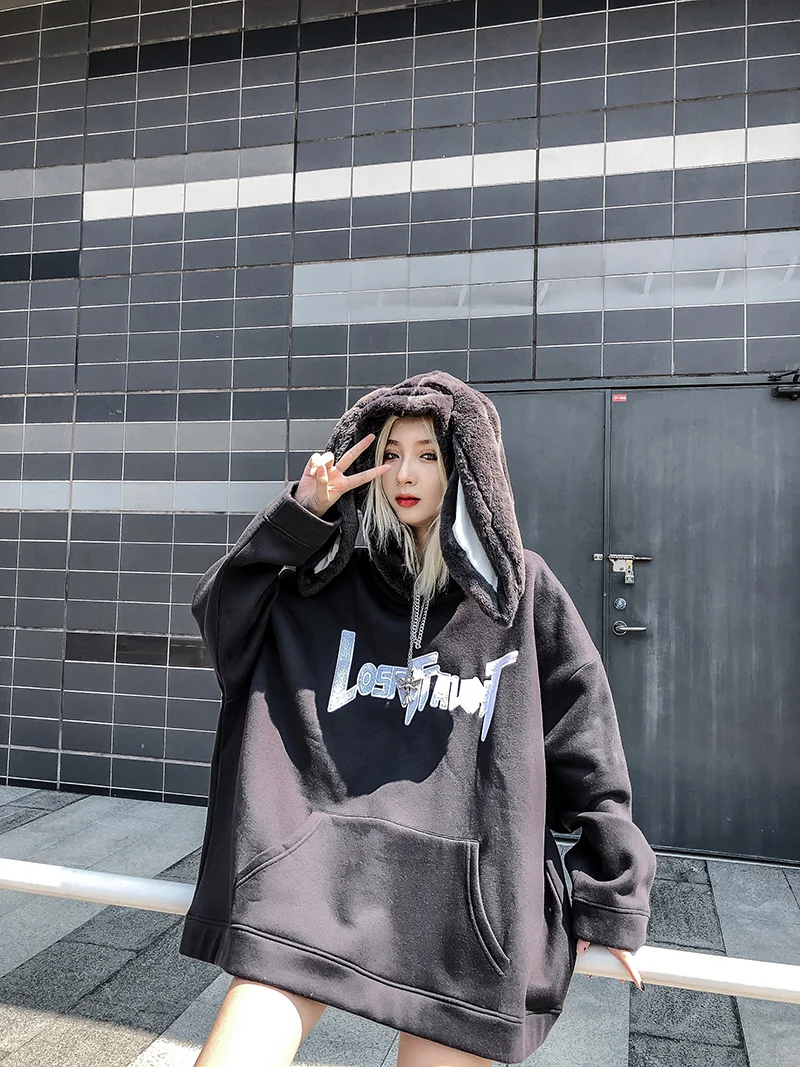 

Bunny Hoodie Autumn Plush Hip Hop Hoody Couple Rabbit Ear Personality Fashion Black Sweatshirts 2021 Long Sleeve Men Women Top