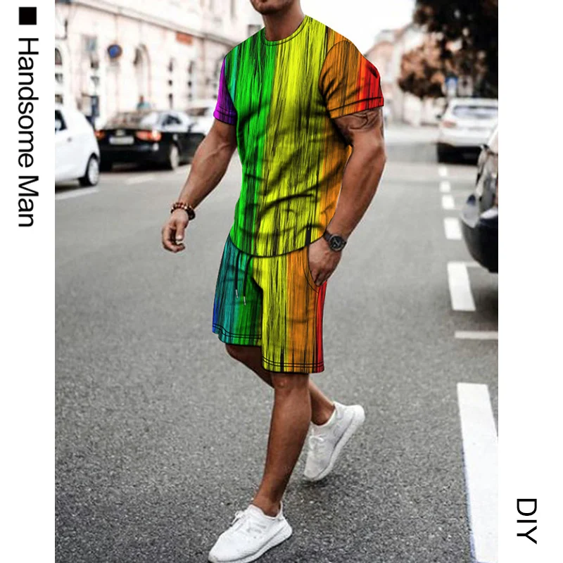 

Summer Short Sleeve T-shirt+Shorts Outfit Streetwear Men Clothes Vintage Stitching Color Print Tracksuits Casual Men 2 Piece Set