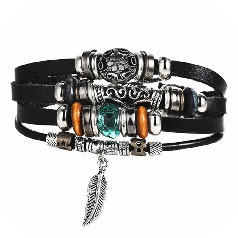4 PCS/Set Faux Leather Bracelet Retro Punk Blue Bead Leaf Black Creative Men Fashion Jewelry Dropship New | Украшения и