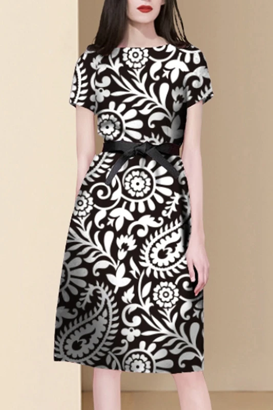 

Fashion Elegant Crew Neck Printed Short Sleeve Dress 2021 Summer New High Waist Slim Fit A- Line Dress Classic High Street Dress