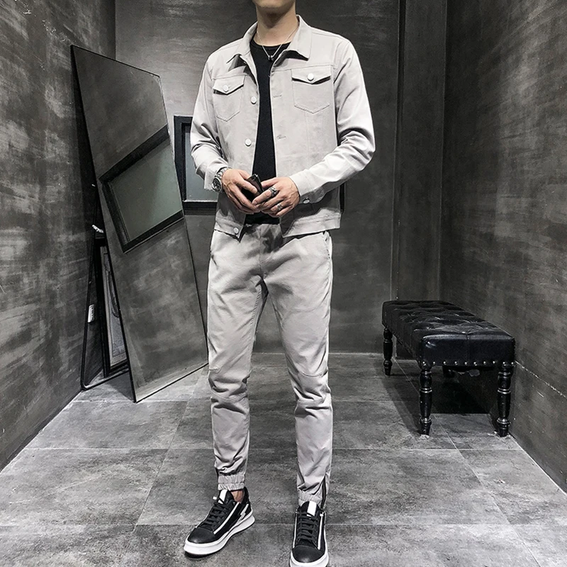 M-3XL Single Breasted Jacket and Cuffed Pants for Men Korean Streetwear Men Clothes Double Poacket Front Tracksuit Men Set