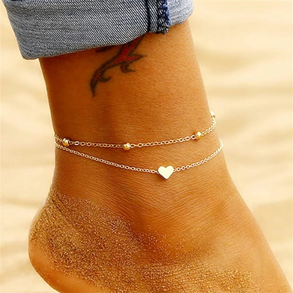 Купи Women's Simple Heart Anklet 2021 Summer Beach Bohemian Gold Color Stainless Steel Anklets On Foot Ankle Bracelets For Women за 225 рублей в магазине AliExpress