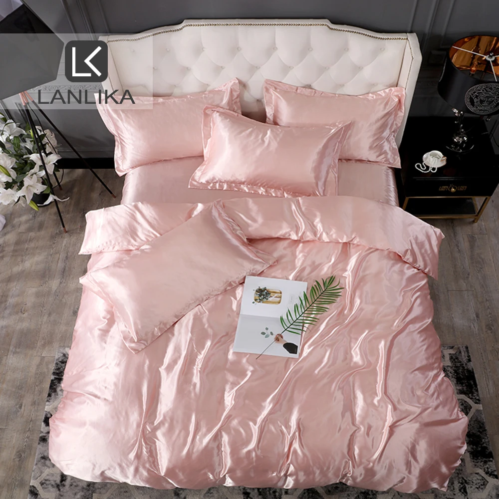 

Розовый однотонный роскошный комплект постельного белья Lanlika из 100% шелка, сатина, Европейский Декор, домашнее покрывало, комплект покрывала...