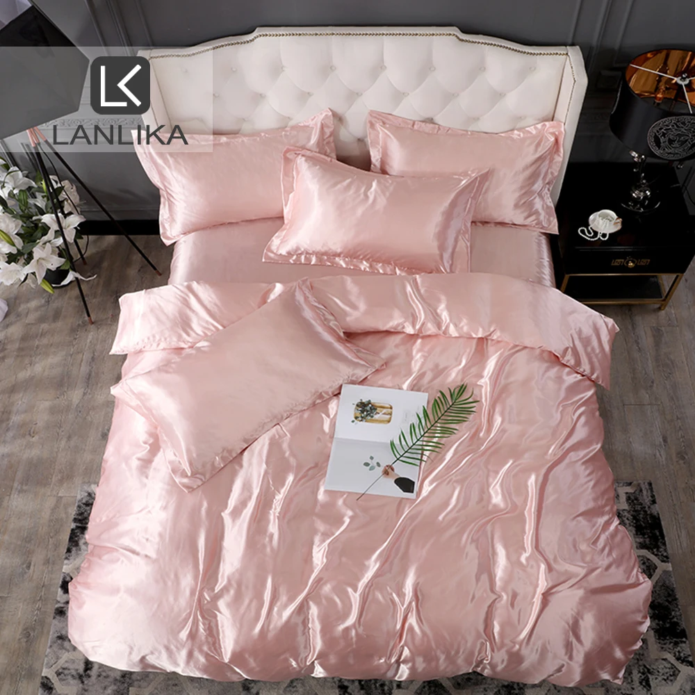 Роскошный комплект постельного белья Lanlika розовый однотонный из 100% шелка и