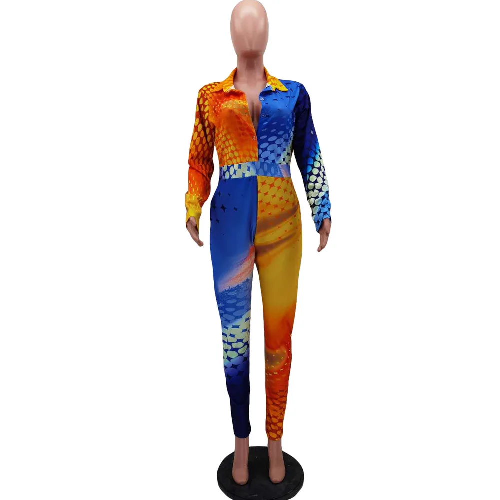 

Gradient Polka Dot Print Rompers Womens Jumpsuit 2021 Autumn Clothing Turn Down Collar Full Sleeve Bodycon Bodysuit Club Outfit