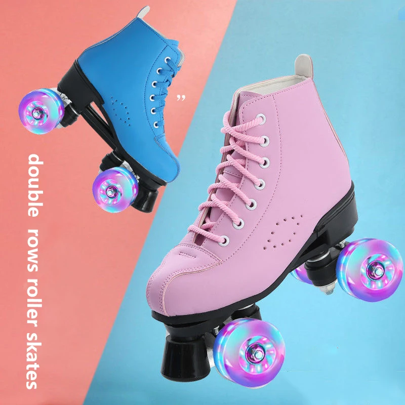 Artificial Leather Roller Skates Double Line Skates Women Men Adult  Skating Shoes Patines With White PU 4 Wheels