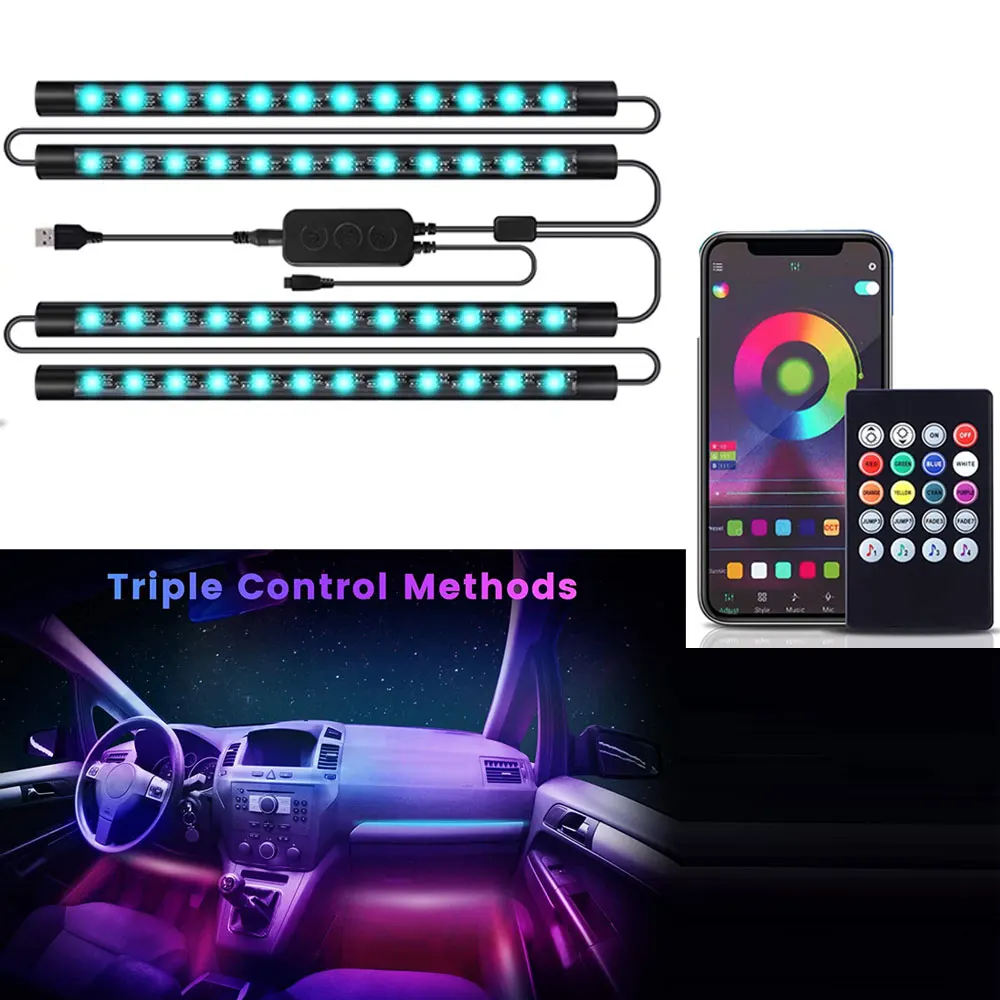 

4 in 1 Car Interior Foot Floor Decoration Bulbs Atmosphere Lights RGB LED Strip Lamp USB Bluetooth APP Control Multiple Modes