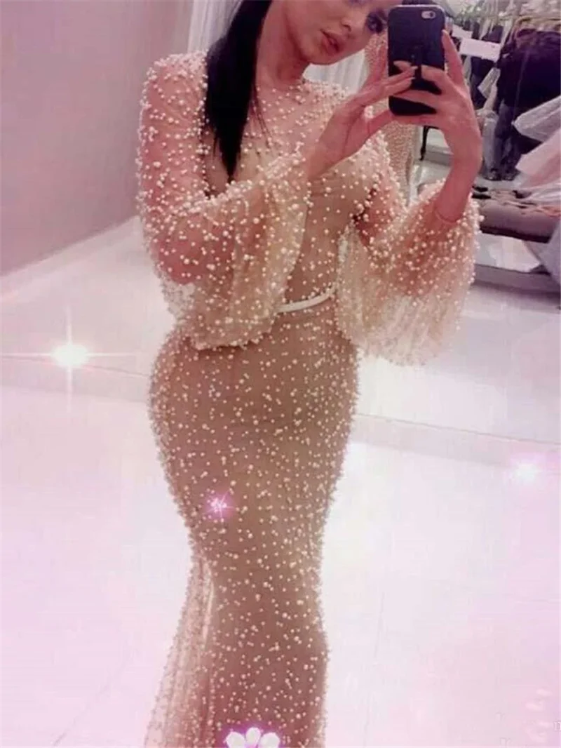 

Royal Blue Prom Dresses Mermaid Beading O-neck Sweep Train Lantern Long Sleeves Elegant Evening Dresses