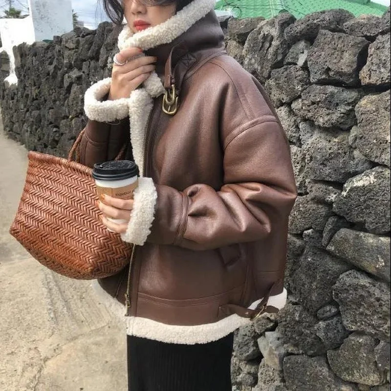 

Женские зимние парки из овечьей шерсти с меховым воротником, куртка на молнии, теплая утепленная верхняя одежда, куртка из искусственной ов...