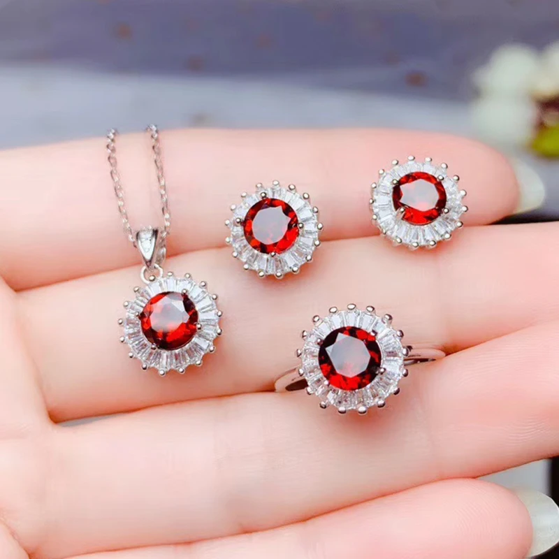 Комплект ювелирных изделий из серебра 925 пробы с натуральным гранатом|Ювелирные
