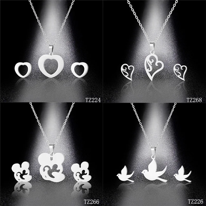 

304 Stainless Steel Jewelry Sets Dove Heart Mouse Pendants Wholesale Steel Color Sets Fashion Female Chain Necklace Stud Earring