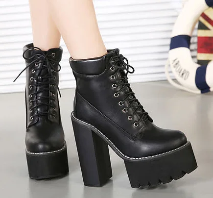 

2021 new thick heel boots lace round thick bottom head color matching waterproof platform boots women's boots make